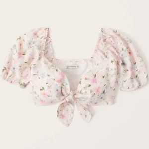 Abercrombie & Fitch Tie-Front Linen-Blend Puff Sleeve Top, Size M NWT